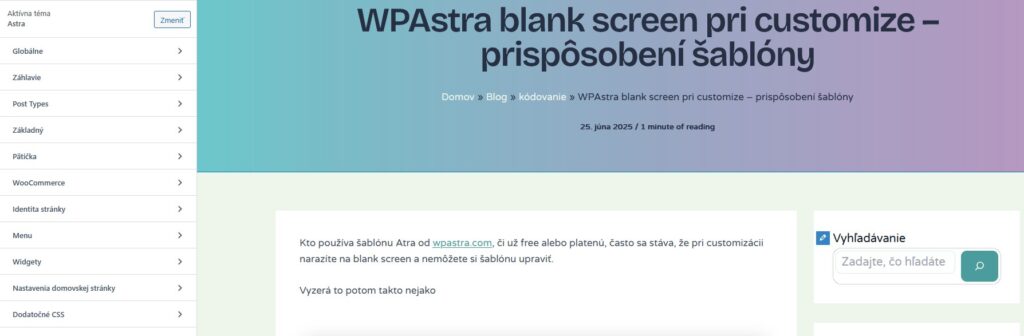 Ukážka obrazovky po úprave súboru .htaccess v menu Vzhľad – Prispôsobiť